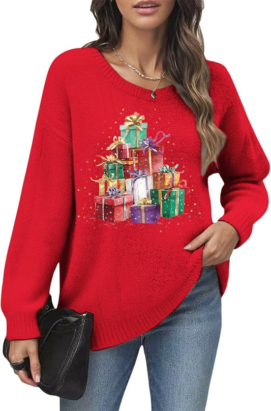 Women's Red Christmas Sweater - Festive Cartoon Patterns, Cozy Knit for Holiday Parties & Gatherings