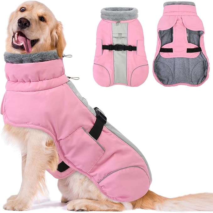 Queenmore Large Dog Cold Weather Coats, Fleece Collar Dog Apparel for Winter, Thick Dogs Snowsuit, XXL Pet Jackets Winter with Quick Release, Pink, XXL