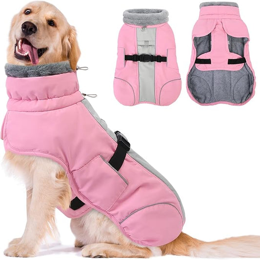 Queenmore XL Dog Jackets, Dog Coats for Large Breeds Winter Waterproof, Thick Fleece Lining Doggie Coats for X-Large Dogs Winter, Pet Jackets, Pink, XL