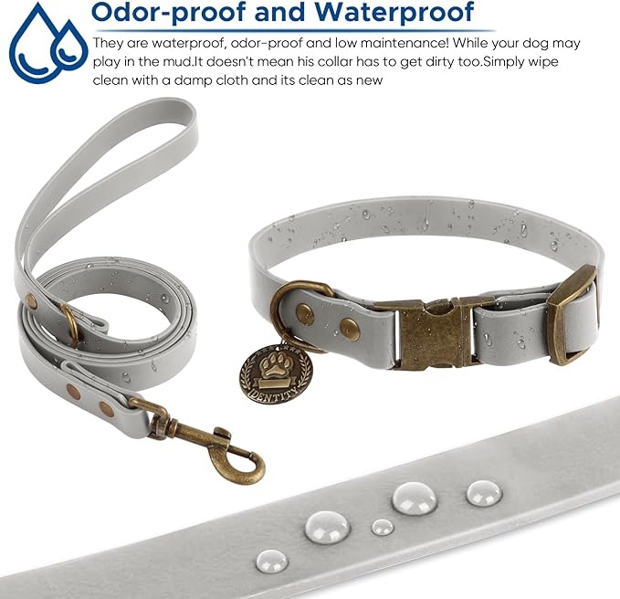 Wisedog Dog Collar and Leash Set, Waterproof Adjustable Puppy Collars with Cute Tag 6FT Dog Leash with Poop Bag for Small Medium Large Dogs (L(Collar:14"-22";Leash:5 ft), Grey)