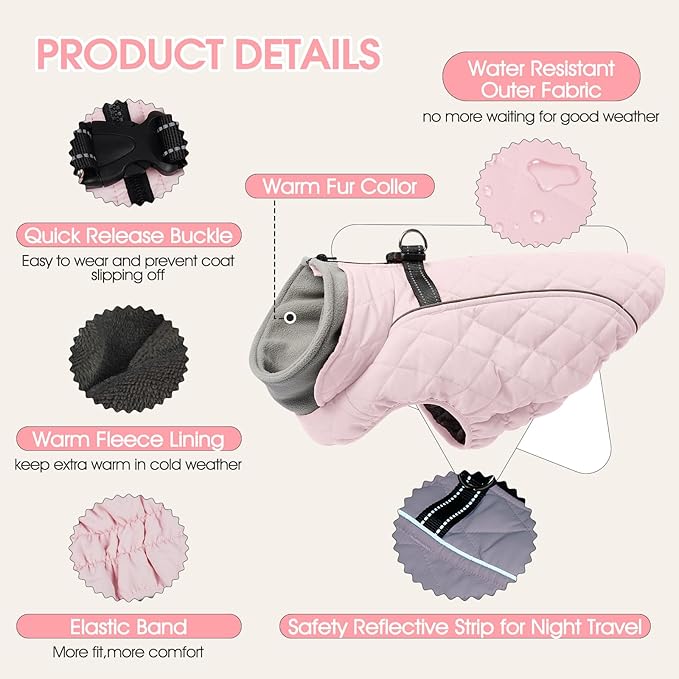 Dog Coat with Harness Built in -Pink,XL- Fleece Lined Dog Snow Jacket Snowsuit，Adjustable Reflective Winter Warm Cold Weather Coat