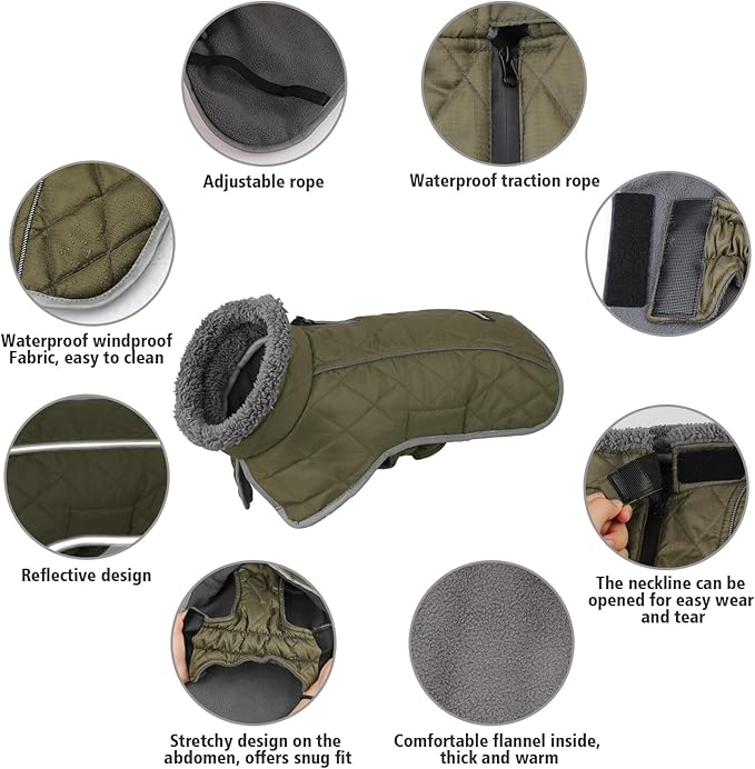 Fragralley Dog Coat Small, Waterproof Dog Jacket with Warm Fleece Lining, Adjustable Reflective Dogs Winter Coat, Turtleneck Pet Coats for Cold Weather ArmyGreen S