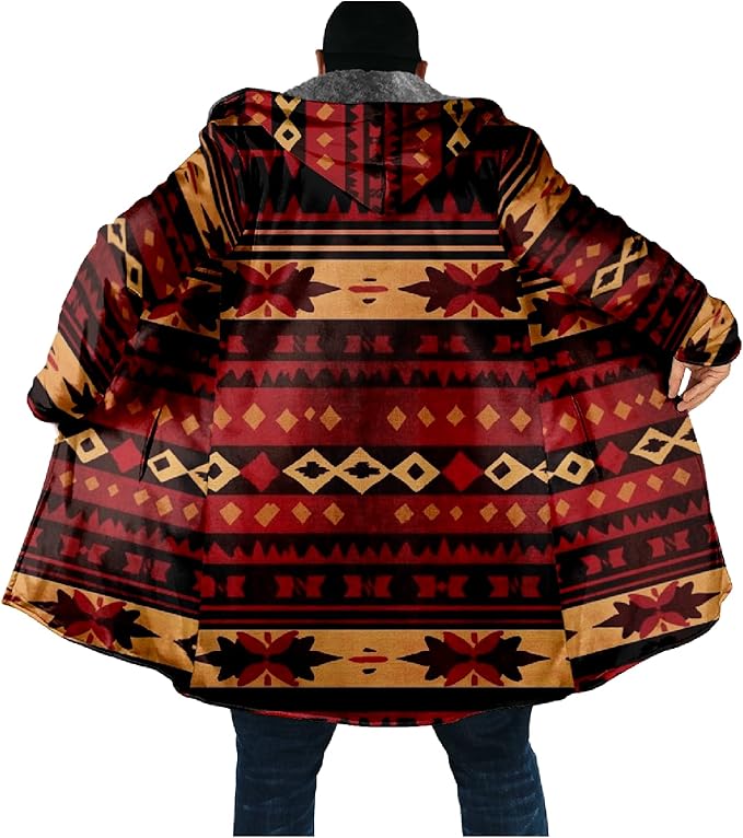 Mens Aztec Print Hoodie Heavyweight Cotton Fleece Jacket Zip Up Warm Long Sleeve Hooded Winter Midi Coat