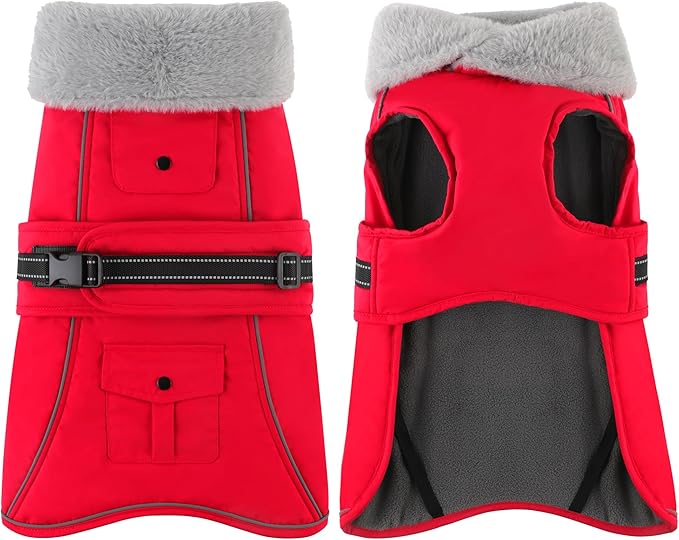Dogcheer Dog Coat with Pocket, Waterproof Dog Jacket with Adjustable Buckle, Reflective Puppy Winter Coat Warm Turtleneck Fleece SnowJacket for Small Medium Large Dogs - Red M