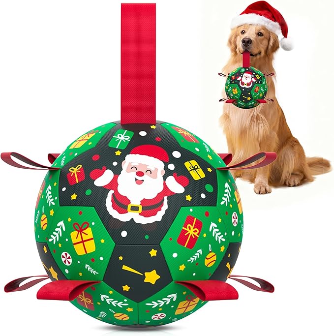 QDAN Christmas Dog Toys: Soccer Ball with Straps for Outdoor Play, Tug of War- Dog Birthday Gift, 8 Inch Balls for Medium & Large Dogs