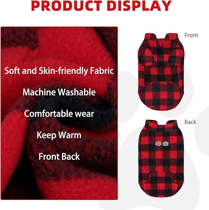 KOOLTAIL Dog Fleece Vest Sweater, Warm Puppy Christmas Jacket with Dual Leash D-Ring and Pocket for Small Medium Dogs, Cozy Soft Pet Winter Cold Weather Coats Fall Clothes Hoodie Boy Girl,Red Plaid S