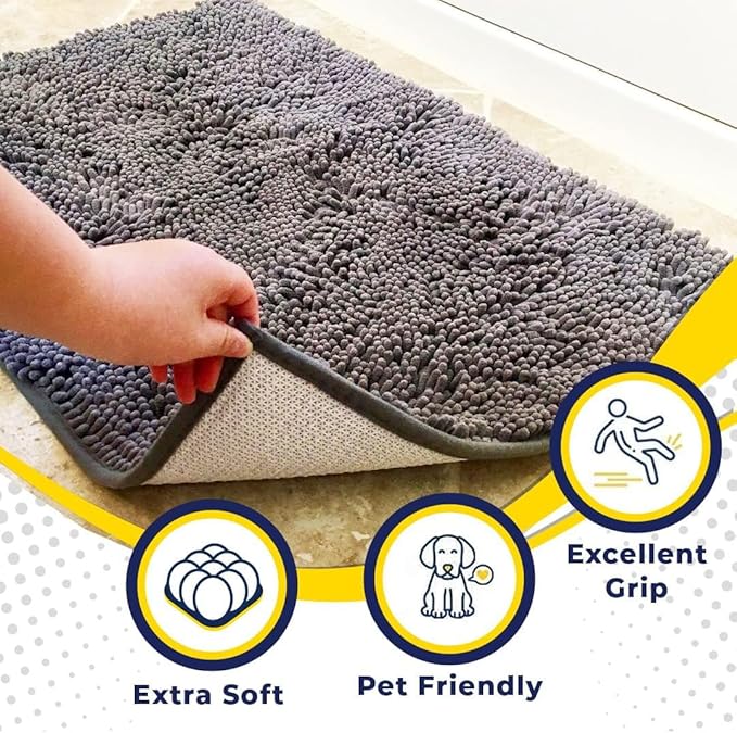 Muddy Mat® AS-SEEN-ON-TV Highly Absorbent Microfiber Door Mat and Pet Rug, Non Slip Thick Washable Area and Bath Mat Soft Chenille for Kitchen Bathroom Bedroom Indoor and Outdoor - Grey 5ft x 7ft