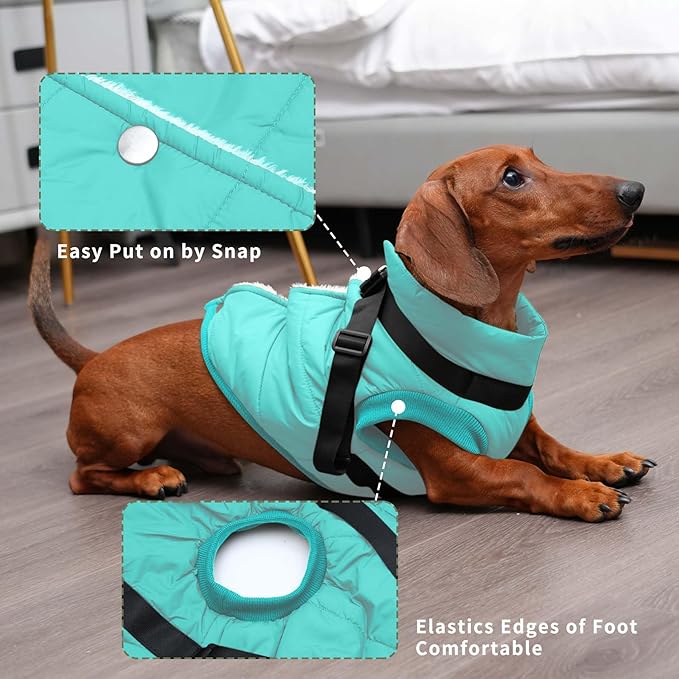 Dog Jacket with Harness,Fleece Lined Warm Puppy Coat for Winter,Soft Windproof Medium Dog Vest,Bluegreen XL