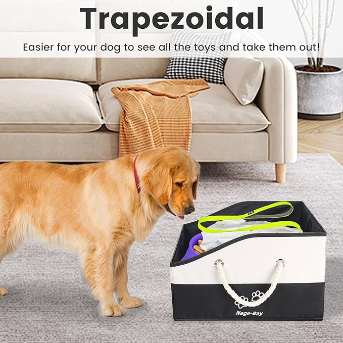 Large Dog Toy Basket With Handle, Foldable Dog Toy Box for Living Room Area, 20" Basket for Dogs Toys, Clothes, Organizers and Storage with Hard Board, Anti-slip for Pet Toys (Black, Medium)