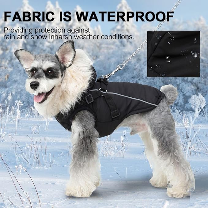 PINA Winter Coat - Waterproof Dog Jacket with Faux Fur Hood, Reflective Strap for Small to Large Dogs, Black, XL
