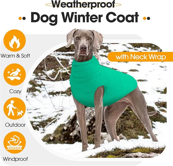 Large Dog Winter Coat with Back Zipper & Detachable Scarf, Waterproof Warm Female Dog Snow Jacket, Dogs Puffer Vest for Golden Retriever, German Shepherd, Green 2XL
