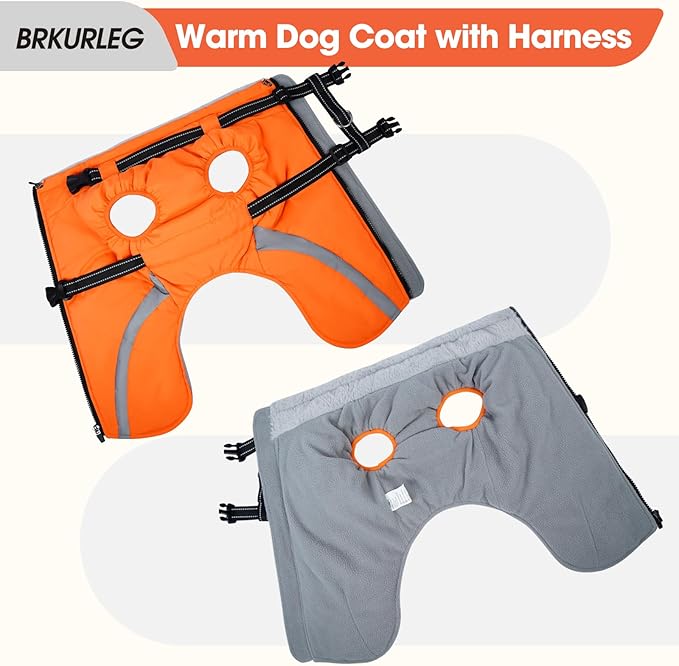 BRKURLEG Dog Winter Jackets for Large Dogs, Dog Coat with Harness Built in, Dogs Snowsuits with Zipper, Waterproof Windproof Pet Puffer Jacket Fleece Vest for Beagle, Pitbull, Orange XL