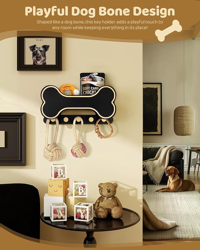 MTERSN Decorative Dog Leash Holder for Wall - Dog Stuff Organizer and Doggie Bone Key Holder Wall Mount with 5 Cute 3D Puppy Paw Hooks & Storage Shelf - Apartment Essentials (Black)