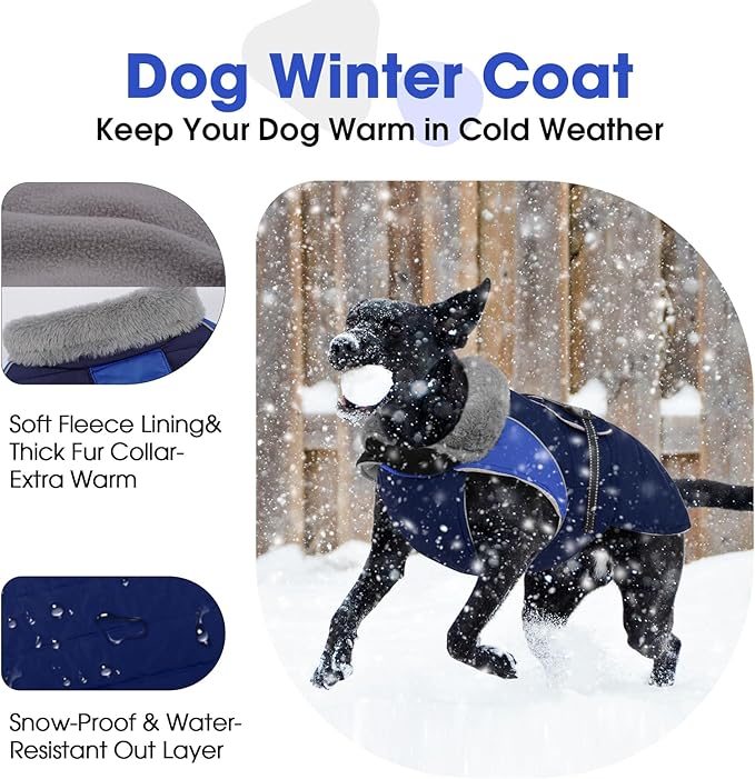 Nanaki Warm Fleece Lined Winter Coat Jacket Vest for Dogs, Waterproof Reflective Dog Snowsuit with Leash Hole, Furry Collar Medium Puppy Coat for Outdoor Walking Hunting, Easy On Pet Snowsuit Blue XL