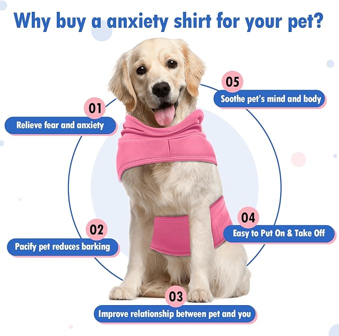 Large Adjustable Anxiety Shirt for Medium Dogs,Lightweight Fireworks Calming Hoodie Wraps Neck,Anxiety Relief for Separation,Sound,Breathable Soft for All-Seasons(Rose)