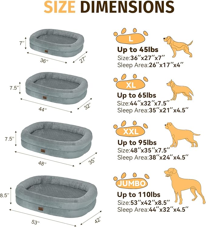 Orthopedic Washable Large Dog Bed: Cooling Dog Bed with Bolsters - Jumbo Bed Waterproof Removable Cover Non-Slip Pet Bed for Extra Large Sized - Grey