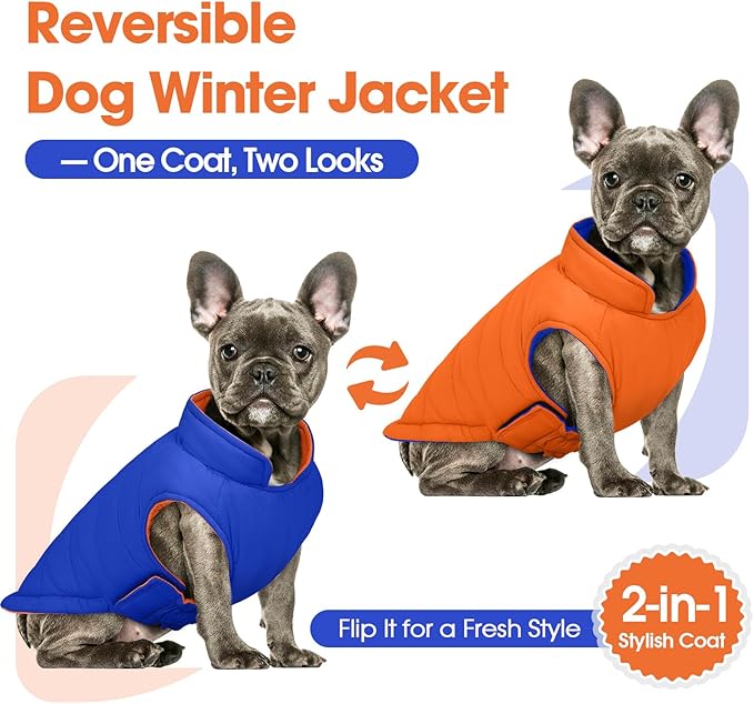QBLEEV Reversible Dog Jacket for Small Dogs, Waterproof Windproof Warm Winter Coat with Adjustable Fit & Leash Hole, Lightweight Reversible Puffer Vest, Orange, S – Fits Yorkie, Shih Tzu