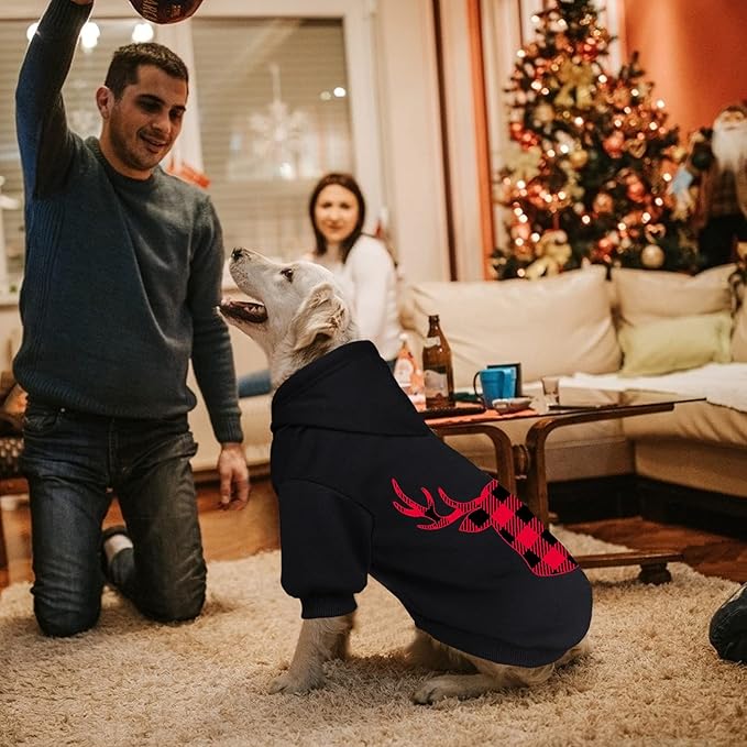 Dog Hoodie Sweater for Dogs Pet Clothes Buffalo Plaid Dog Hooded Sweatshirt Warm and Soft Breathable Cozy(Reindeer&XL)
