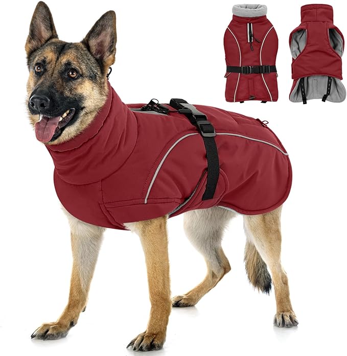 Queenmore XXL Dog Coat, Winter Jacket for Large Dogs, Waterproof Puffy Snowsuit, Adjustable Reflective Fleece Lining Warm Padding Parka for Cold Weather, Red 2XL