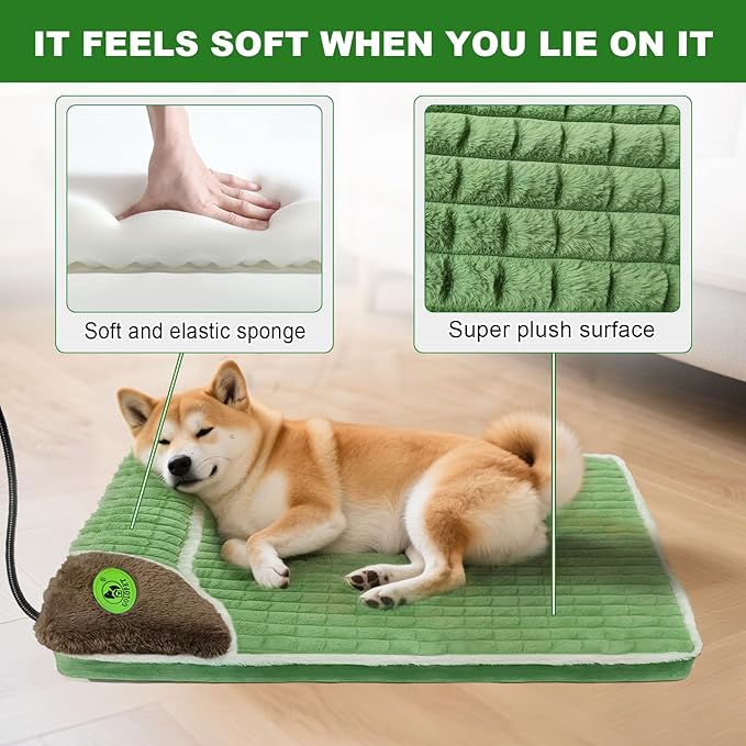 Heated Dog Bed 32x20x2 in,Equipped with MET/UL Dual Certified Heating Pad and Intelligent Controller,Thickened Memory Sponge+100% Plush Heated Pet Bed,Indoor Puppy Bed with Side Pillows