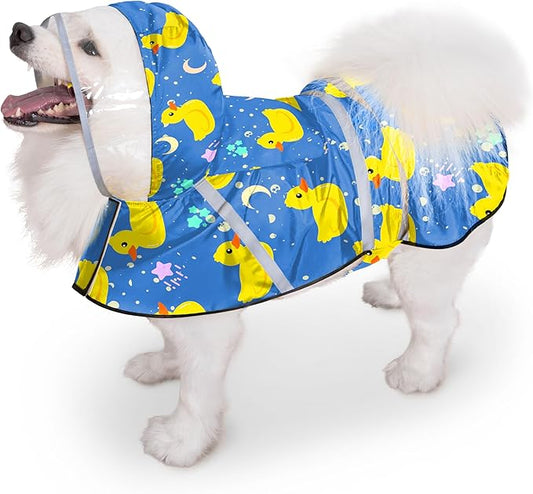 Dog Raincoat, Adjustable Rain Jacket with Hooded Double Layer for Large Medium Small Dogs Puppies, Lightweight Waterproof Rain Coat Poncho with Reflective Stripe Duck Blue,L