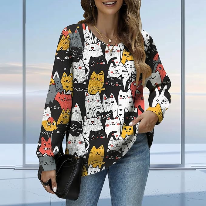 Women's Cat Printed Sweater Oversized Cable Knit Long Sleeve Christmas Clothes Casual Autumn Winter Fashion Tops