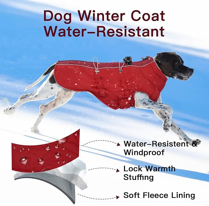 Dog Coat - Warm Winter Jacket Snowsuit for Large Dogs, Water-Resistant, Reflective, Red
