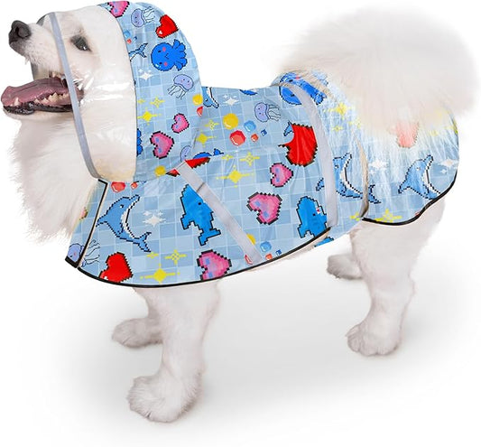 Dog Raincoat, Adjustable Rain Jacket with Hooded Double Layer for Large Medium Small Dogs Puppies, Lightweight Waterproof Rain Coat Poncho with Reflective Stripe Ocean Dolphin Blue,S