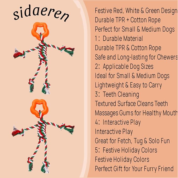 Christmas Puppy Teething Toy for Small & Medium Dogs (20–65lbs), TPR + Cotton Rope Chew Toy for Aggressive Chewers, Indoor & Outdoor Teeth Cleaning Toy for 2–12 Month Dog