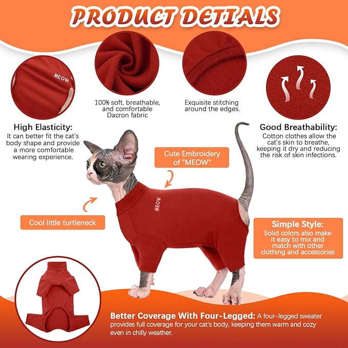 ROZKITCH Hairless Cat Clothes, Breathable Soft Cat Jumpers for Cats Only, Cat Coat with Four Legs, Warm Cat Sweater Cat T-Shirt Cat Pajamas Jumpsuit Vest Cornish Rex Devon Rex Peterbald Red L