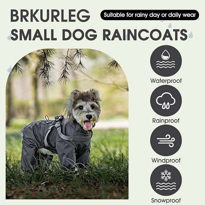 BRKURLEG Dog Raincoat with Harness for Small Dogs, Adjustable Waterproof Dog Rain Jacket, Reflective Rainproof Puppy 4 Legs Raincoat, Full Body Pet Rain Jacket, Dark Grey, XXL