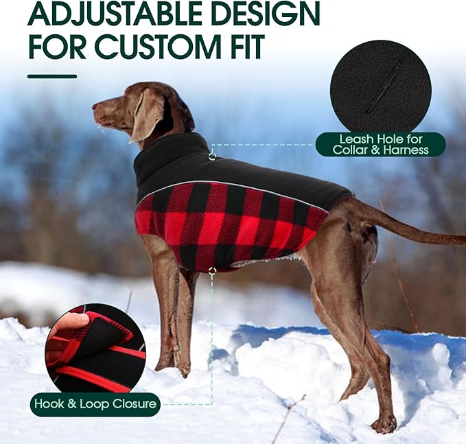 Kuoser Dog Winter Coat,Reversible Waterproof Dog Jacket with Leash Hole,Warm Dogs Fleece Vest Adjustable Doggy Cold Weather Clothes Plaid Christmas Outfit Pet Apparel for Extra Large Dogs,RedBlack 3XL