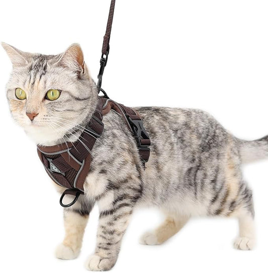 Cat Harness and Leash Set Escape Proof Tactical Large Kitten Harness Emotional Support Cat Vest, Brown, L