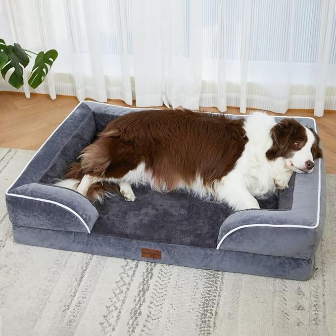 Comfort Expression Orthopedic Dog Bed for Extra Large Dogs 42x30 Inch, Waterproof Supportive Memory Foam XL Pet Bed with Removable Bolster, Dog Couch with Washable Cover & Non-Slip Bottom, Leaden Grey