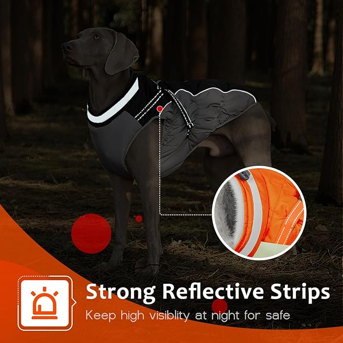 Dog Winter Coat with Harness, Dog Jacket, Pet Clothes with Zipper on Back, Waterproof Windproof Warm Vest, Reflective Cold Weather Coats, for Small Medium Large Dogs, Thick, Orange, 2XL