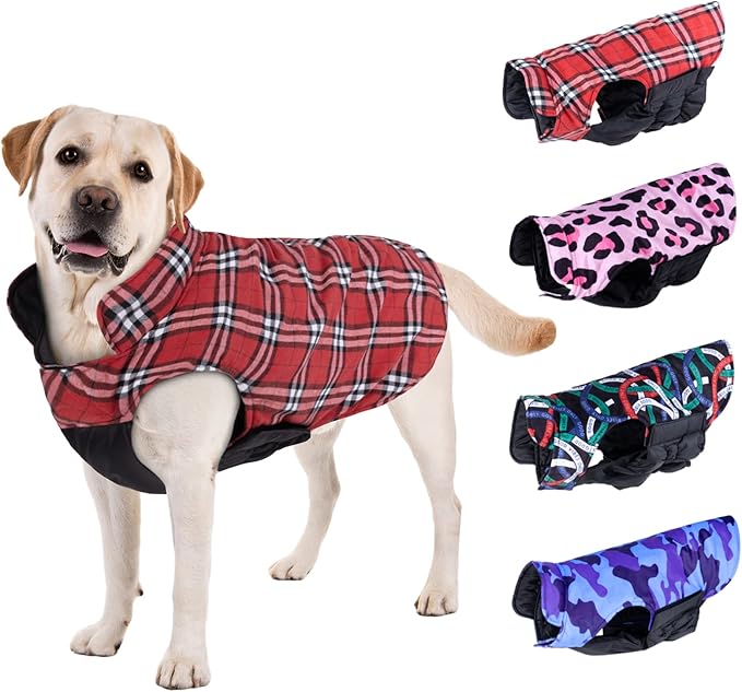 CuteBone Winter Dog Coat - Waterproof Windproof Reversible Vest, Thick Adjustable Cold Weather Jacket for Small Medium Large Dogs, Soft With Leash Hole