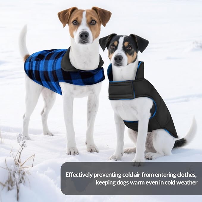ASENKU Dog Winter Coat, Fleece Doggie Jacket Plaid Reversible Vest Waterproof Windproof Cold Weather Clothes for Small Medium Large Dogs (L, Blue)