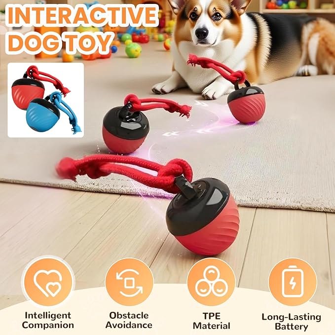 Interactive Dog Toys Ball, 2026 New Smart Pet Puppy Ball with Ropes, Random Path Electric Automatic Moving and Rolling Dogs Toy, for Small Medium Large Dogs Daily Training (Red*2)