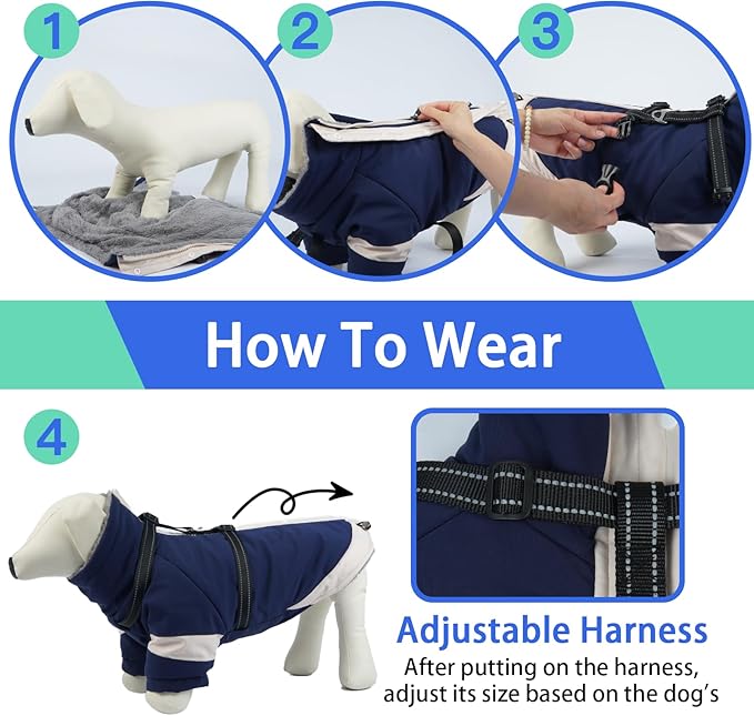 MIGOHI Dog Coat with Harness Built in, 2-in-1 Thermal Dog Winter Coat, Windproof Reflective Jacket with High Collar for Medium Dogs, Easy On Back Zipper, Cocker Spaniels, Navy Blue, L
