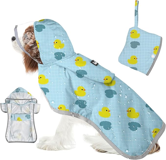 SlowTon Dog Raincoat, Adjustable Dog Rain Jacket Clear Hooded Double Layer, Waterproof Poncho with Reflective Strip Straps and Storage Pocket for Small Medium Large Dogs Puppies(DK M)