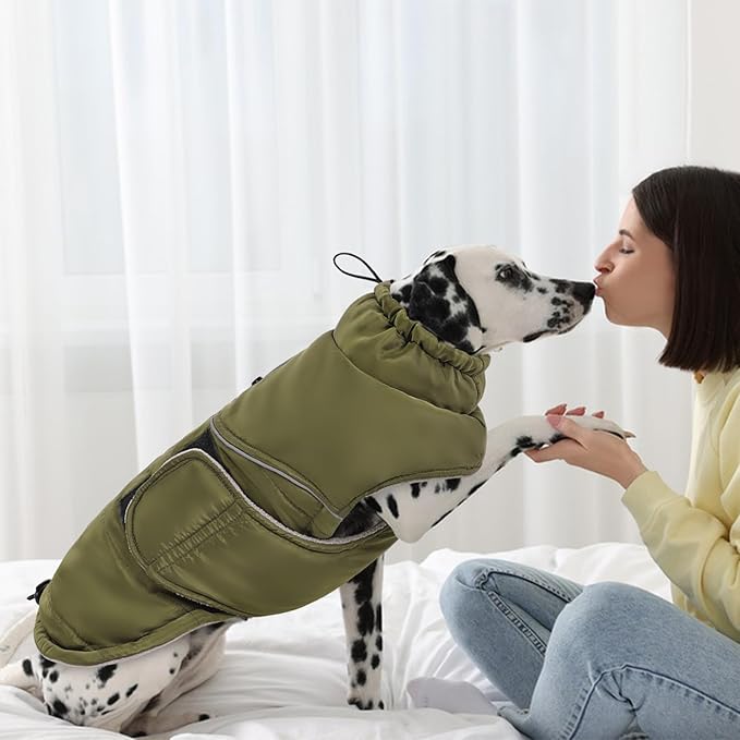 Peferhouse Dog Warm Winter Coat for Large Dogs - Male, Cold Weather Jacket, Windproof, Reflective, Thick Vest, ArmyGreen, 2XL