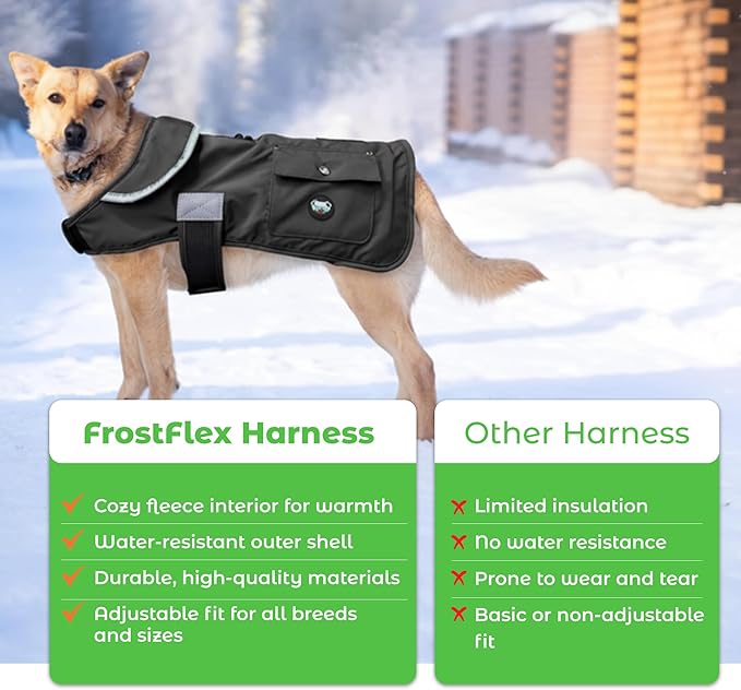Joyride Harness FrostFlex Dog Winter Jacket - Fleece Lined & Water-Resistant - Snowsuit with Pockets for Treats & Poop Bags - Durable Cold Weather Dog Coat - Black Onyx-XL