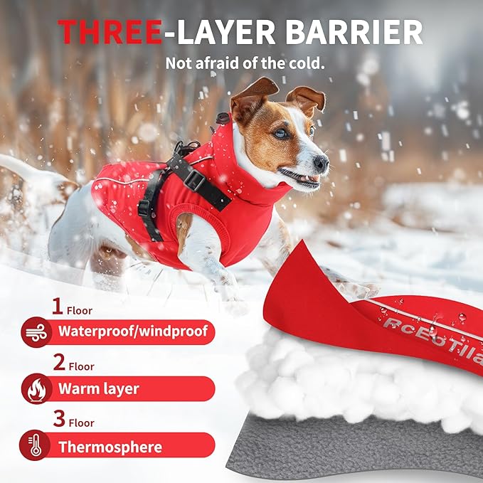 Dog Winter Coat Reflective Water-Resistant Jacket, Fleece Lined Windproof Puppy Coat with Back Zipper & D-Ring, Cold Weather Dog Coats for Small Medium Large Dogs (S, Red)