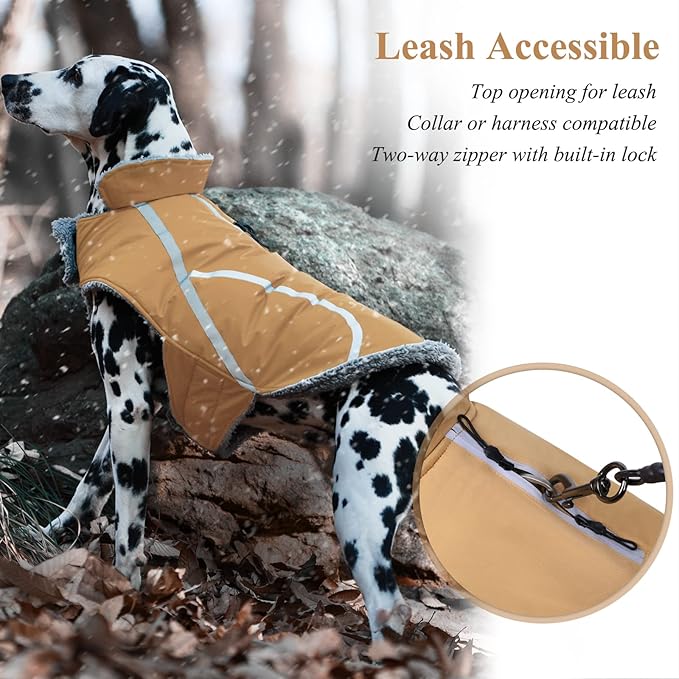 VIVAGLORY Frostfit Dog Coat, Dog Jacket for Winter & Cold Weather, Warm Fluffy Fleece Lined Water Resistant Reflective for Puppy, Coat with Velcro Fastening & Leash Hole, M, Khaki