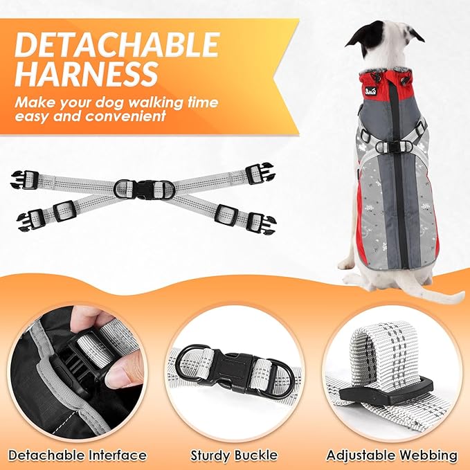 SlowTon Dog Jacket with Harness Built in - Waterproof Fleece Winter Warm Dog Coats for Small Medium Dogs, Reflective Adjustable Furry Puppy Vest Clothes for Outdoor Walking (Red & Black,XL)