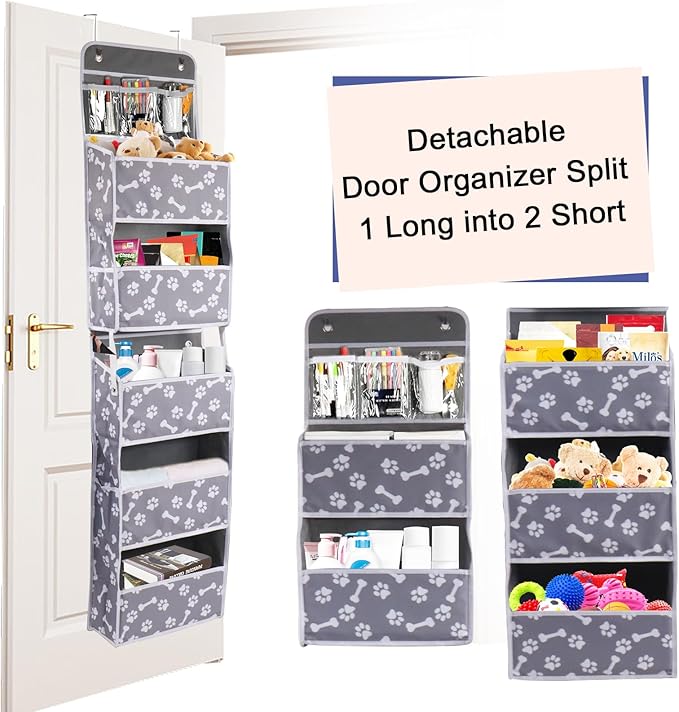 Dog Toy Basket - 5-Shelf Hanging Organizer with 2 Metal Hooks, 5 Pockets for Dog Leash, Harness, Toys & Treats - 62.5''(H) Bone Claw Print