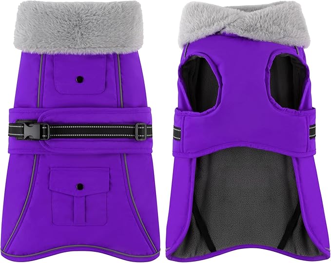 Dogcheer Dog Coat with Pocket, Waterproof Dog Jacket with Adjustable Buckle, Reflective Puppy Winter Coat Warm Turtleneck Fleece SnowJacket for Small Medium Large Dogs - Purple 3XL
