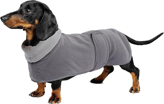 Geyecete Dachshund Sweater, Jacket, and Winter Coat With Padded Fleece Lining, High Collar, Snowsuit With Adjustable Bands - Gray - Size M
