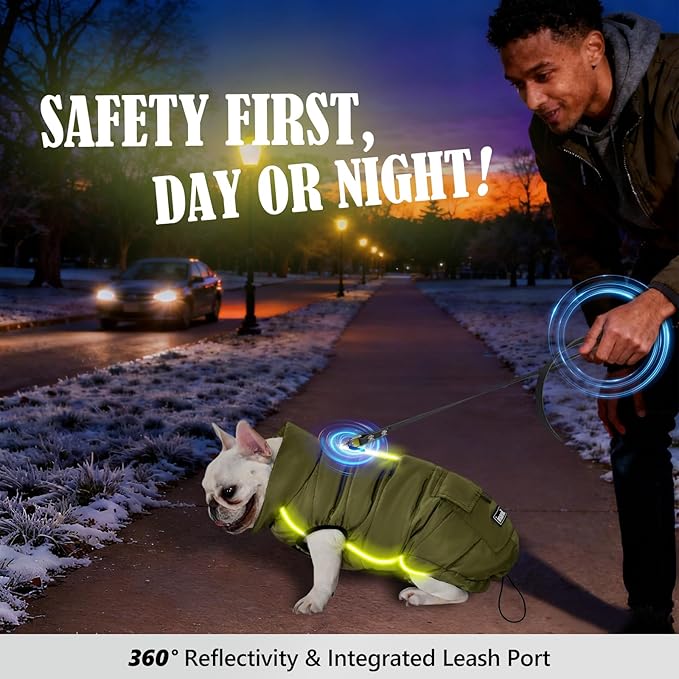 Dog Winter Jacket Waterproof, Reflective Fleece Lined Dog Coats for Small Medium Large Dogs, Warm Snow Coat for Dogs, Insulated Cold Weather Dogs Puffer Jackets with Leash Hole, Olive, XL