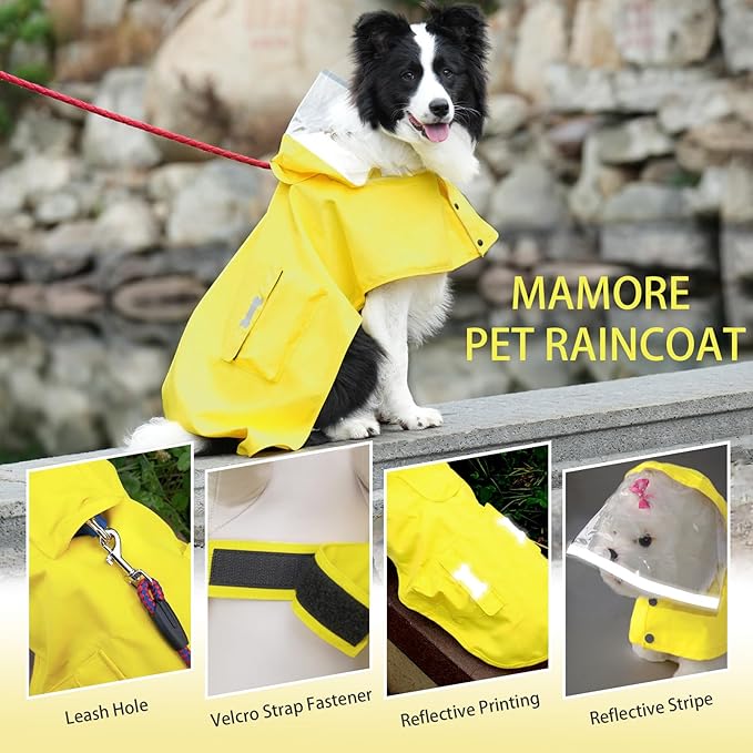 Dog Raincoat Waterproof, Adjustable Reflective Hooded Dog Rain Poncho with Leash Hole for Small Medium Large Dogs (Yellow, Large)